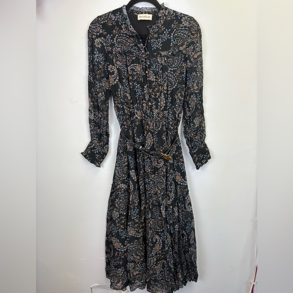 NICHOLAS Paisley Floral tiered Ruffle Dress with belt/ black, brown, blue/Size 0 - Picture 2 of 16